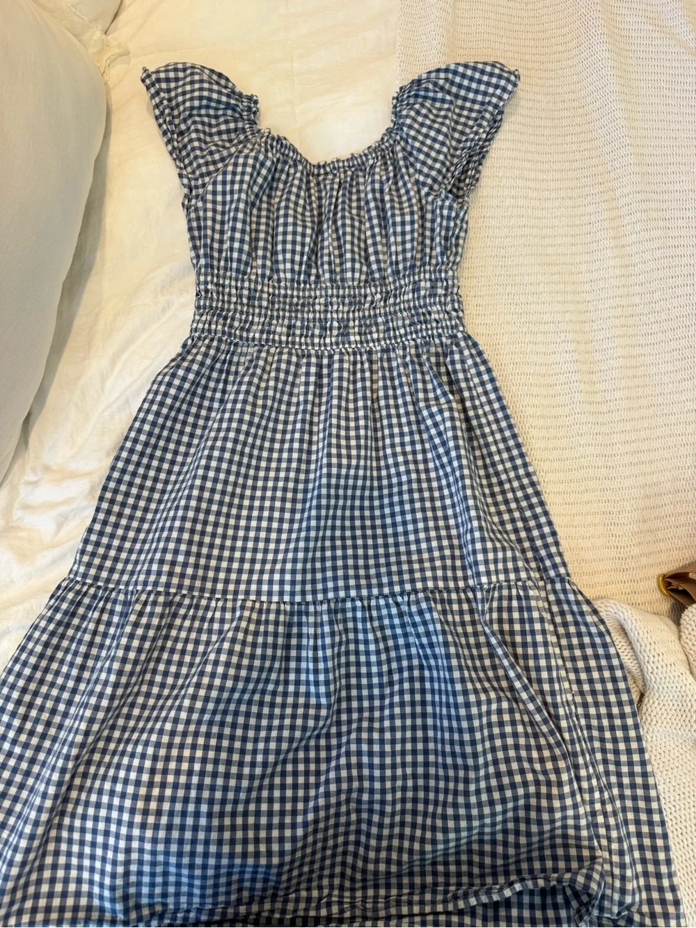 GAP Blue Gingham Smocked Tiered Dress